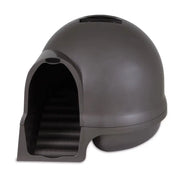 Durable outdoor cat shelter with a dome shape and entrance for protection against the elements.