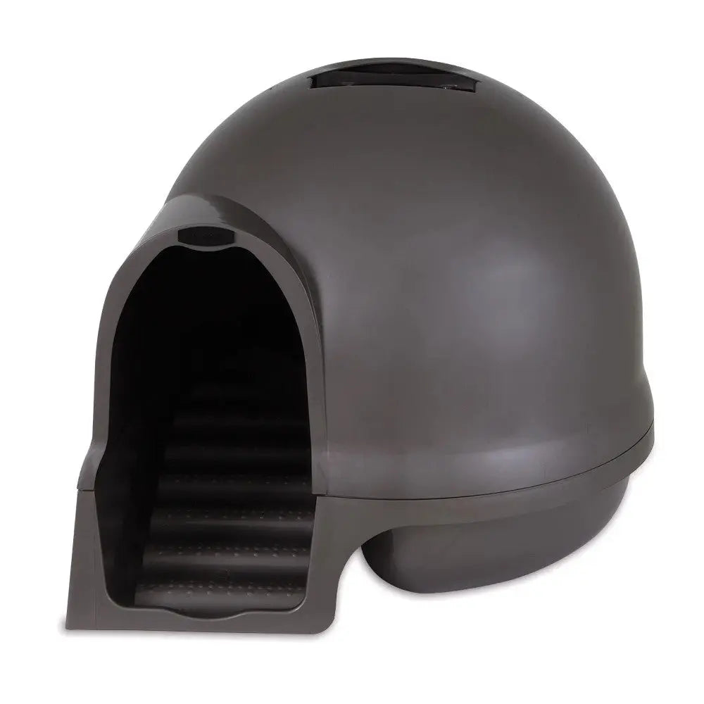 Durable outdoor cat shelter with a dome shape and entrance for protection against the elements.