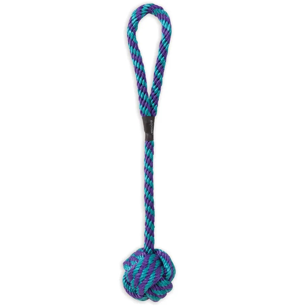 Durable dog rope toy in vibrant purple and teal, perfect for tugging and fetching games.