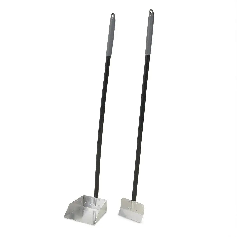 Metal garden scoops with long handles for easy soil and debris collection.