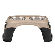 Elevated pet food and water bowl with stainless steel inserts for comfortable feeding.