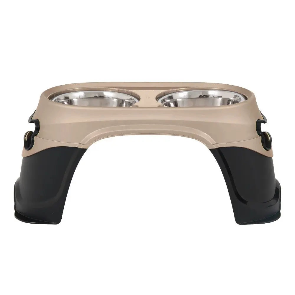 Elevated pet food and water bowl with stainless steel inserts for comfortable feeding.