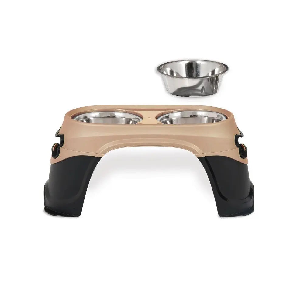 Elevated pet food and water bowl stand with stainless steel bowls for comfortable feeding.
