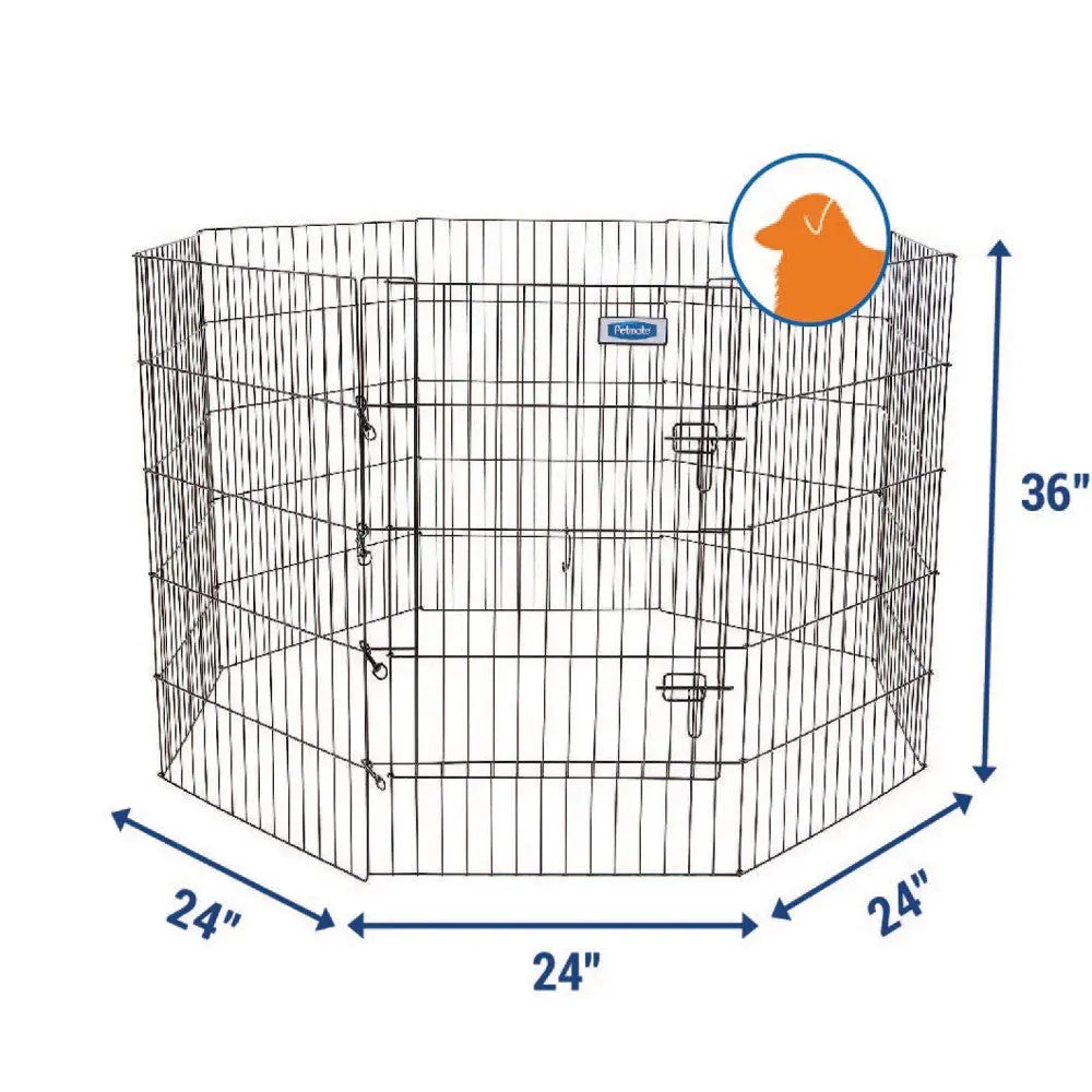Pet playpen with a secure door, ideal for indoor or outdoor use, measuring 24x24x36 inches.