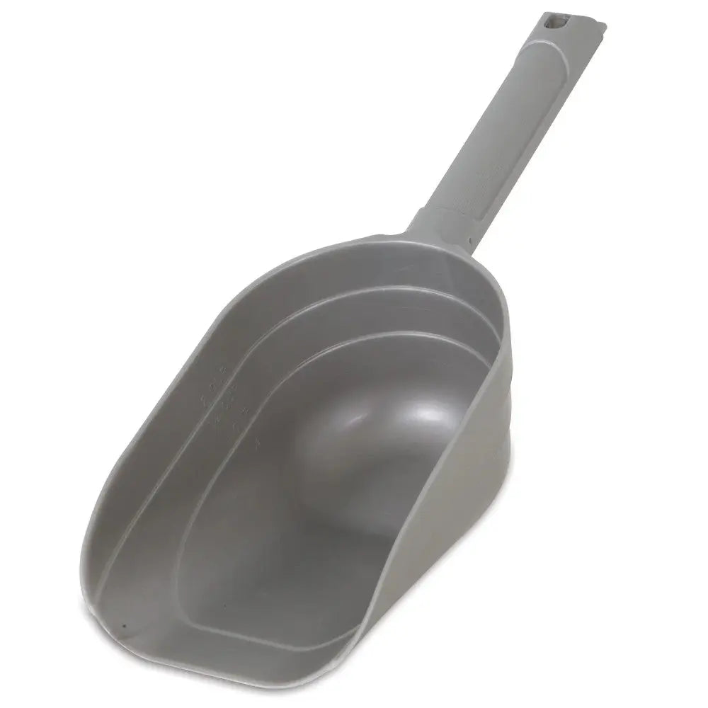 Gray plastic scoop for measuring and transferring dry ingredients or pet food.