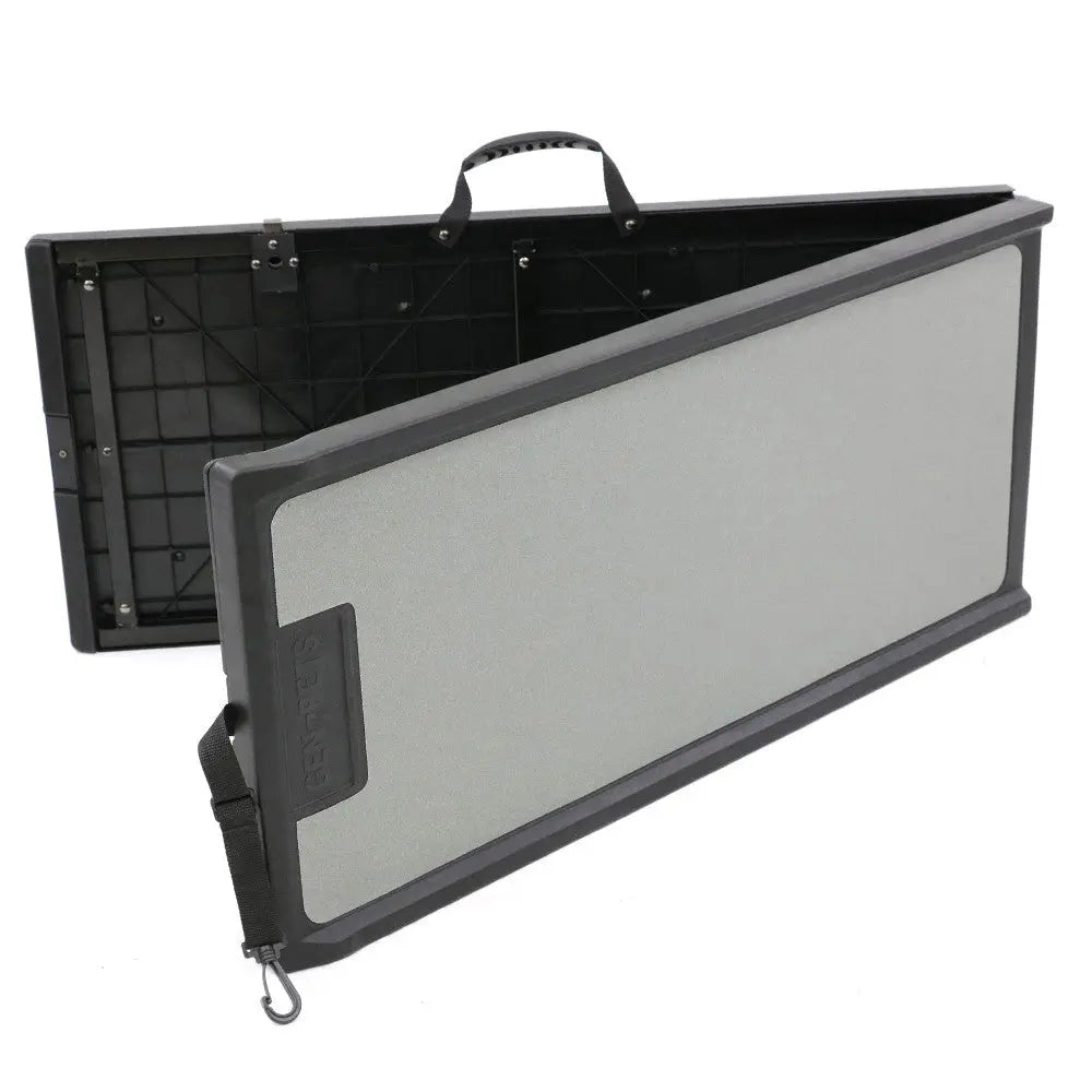 Portable folding table with a sturdy design, ideal for outdoor activities and events.