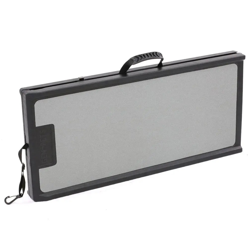 Portable folding table with a sleek design, perfect for outdoor activities and events.