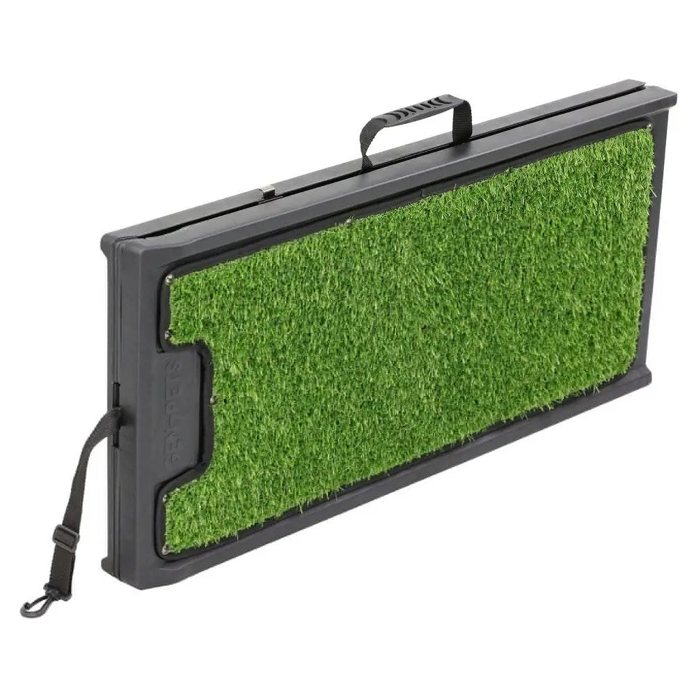 Portable pet potty with artificial grass for indoor and outdoor use.