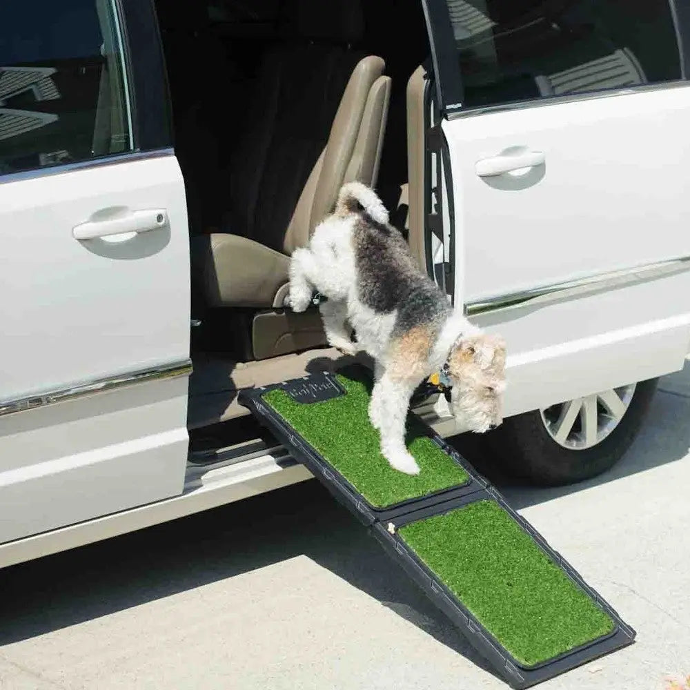 Dog ramp for easy car access, featuring artificial grass for comfort and traction.