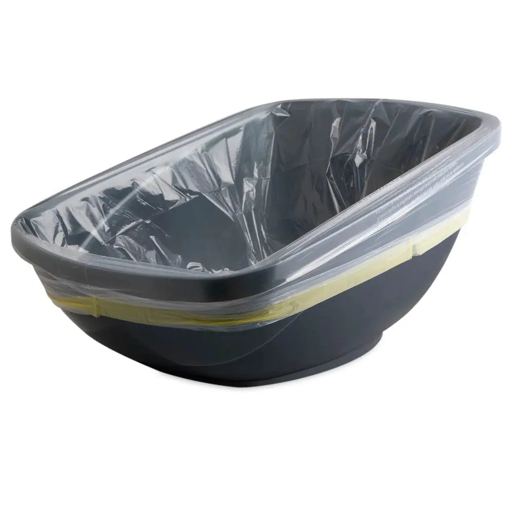 Plastic mixing bowl with a protective liner for easy cleanup and convenience in food preparation.
