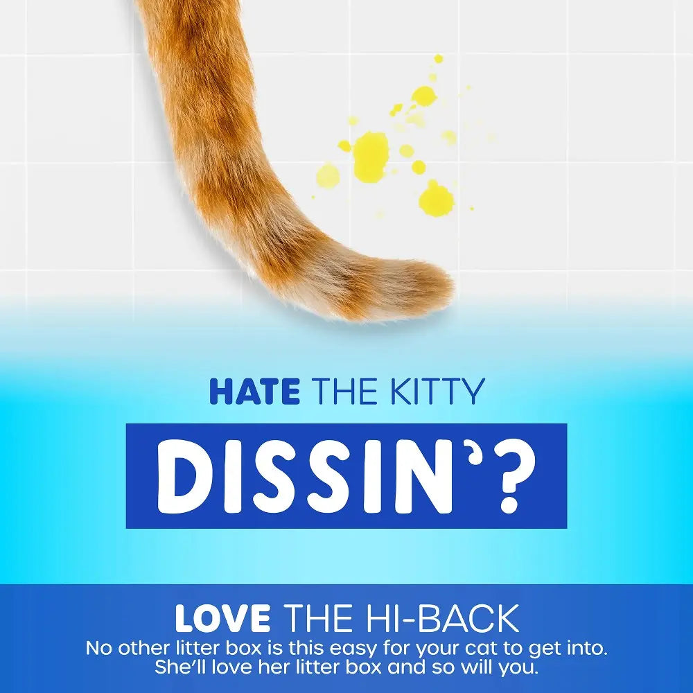 Cat litter box advertisement highlighting the Hi-Back design for easy access and mess prevention.