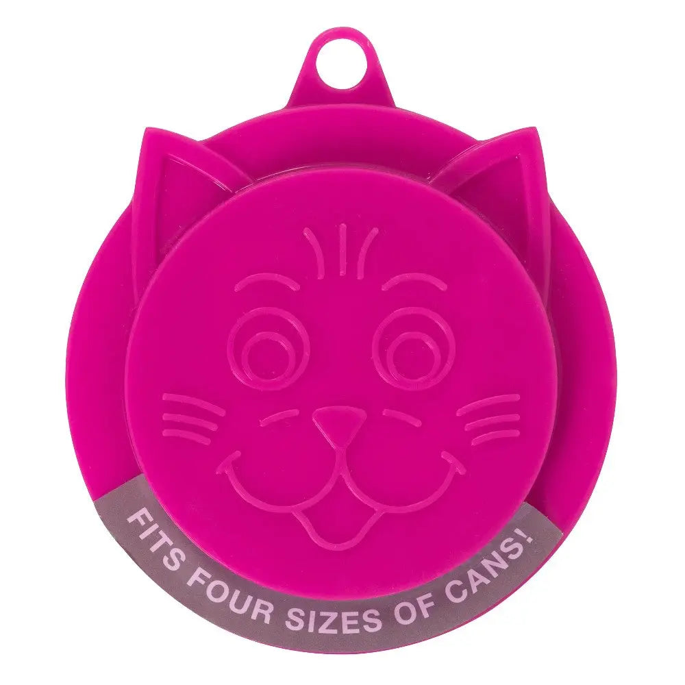Pink cat-shaped can cover fits four can sizes, keeping food fresh and sealed.