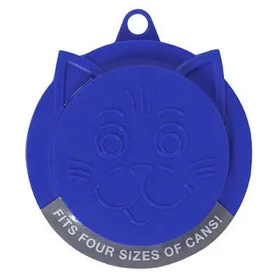 Cat-shaped can cover in blue, designed to fit four can sizes for freshness.