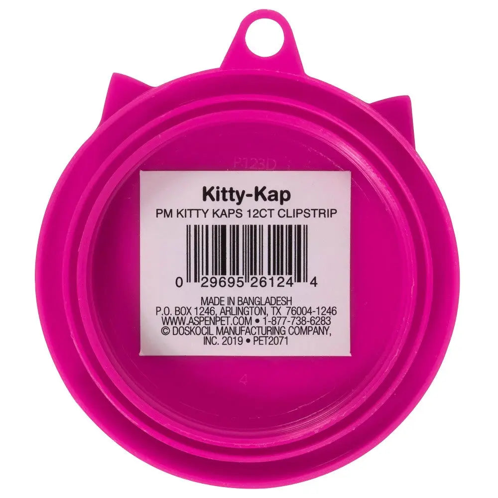 Pink Kitty-Kap pet food cover with label, designed for easy storage and freshness.