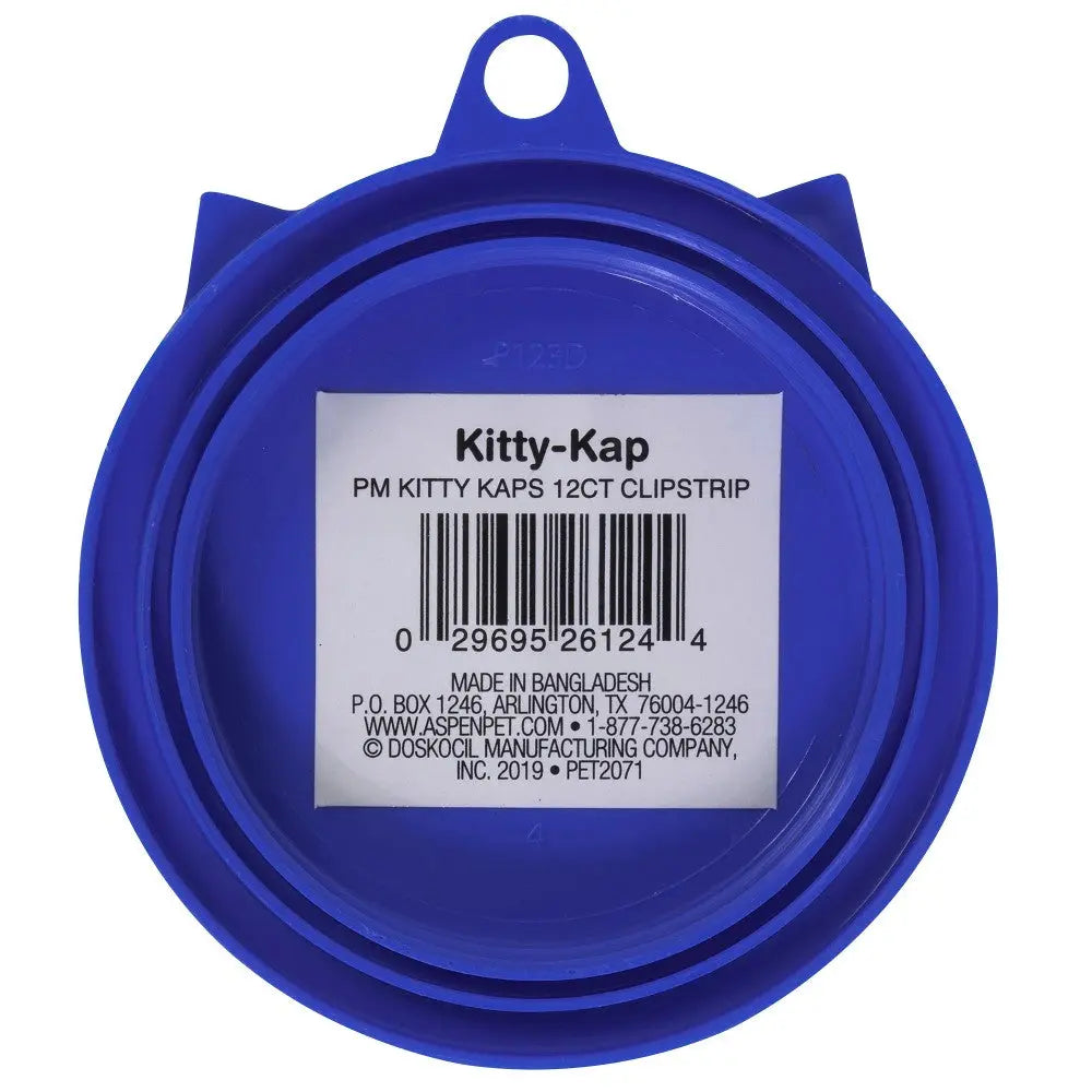 Blue Kitty-Kap packaging for 12-count clipstrip, ideal for pet food storage and freshness.