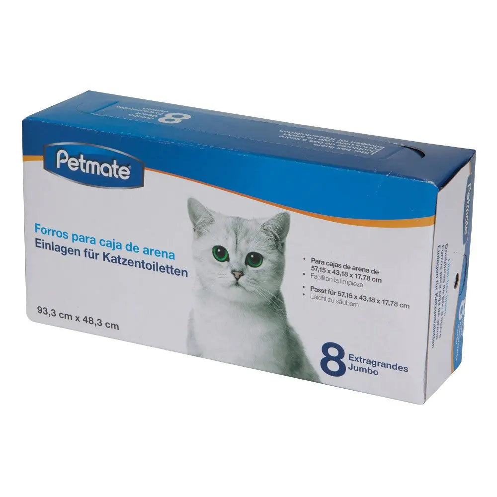 Petmate jumbo cat litter box liners packaging with a cat image and product details.