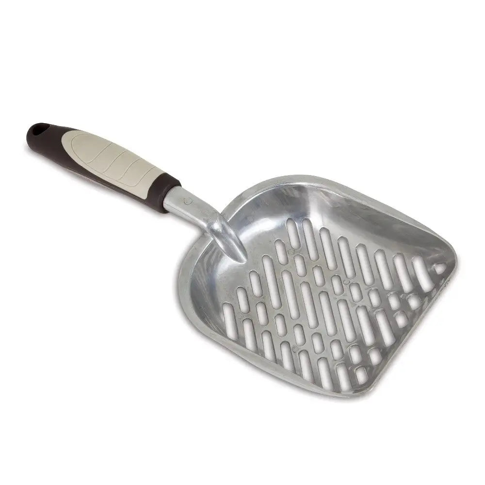 Aluminum cat litter scoop with ergonomic handle for easy cleaning and waste removal.