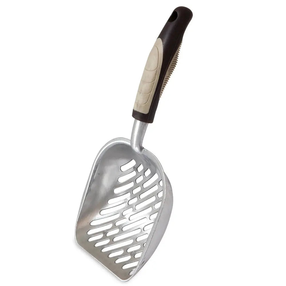 Durable metal cat litter scoop with ergonomic handle for easy cleaning and waste removal.