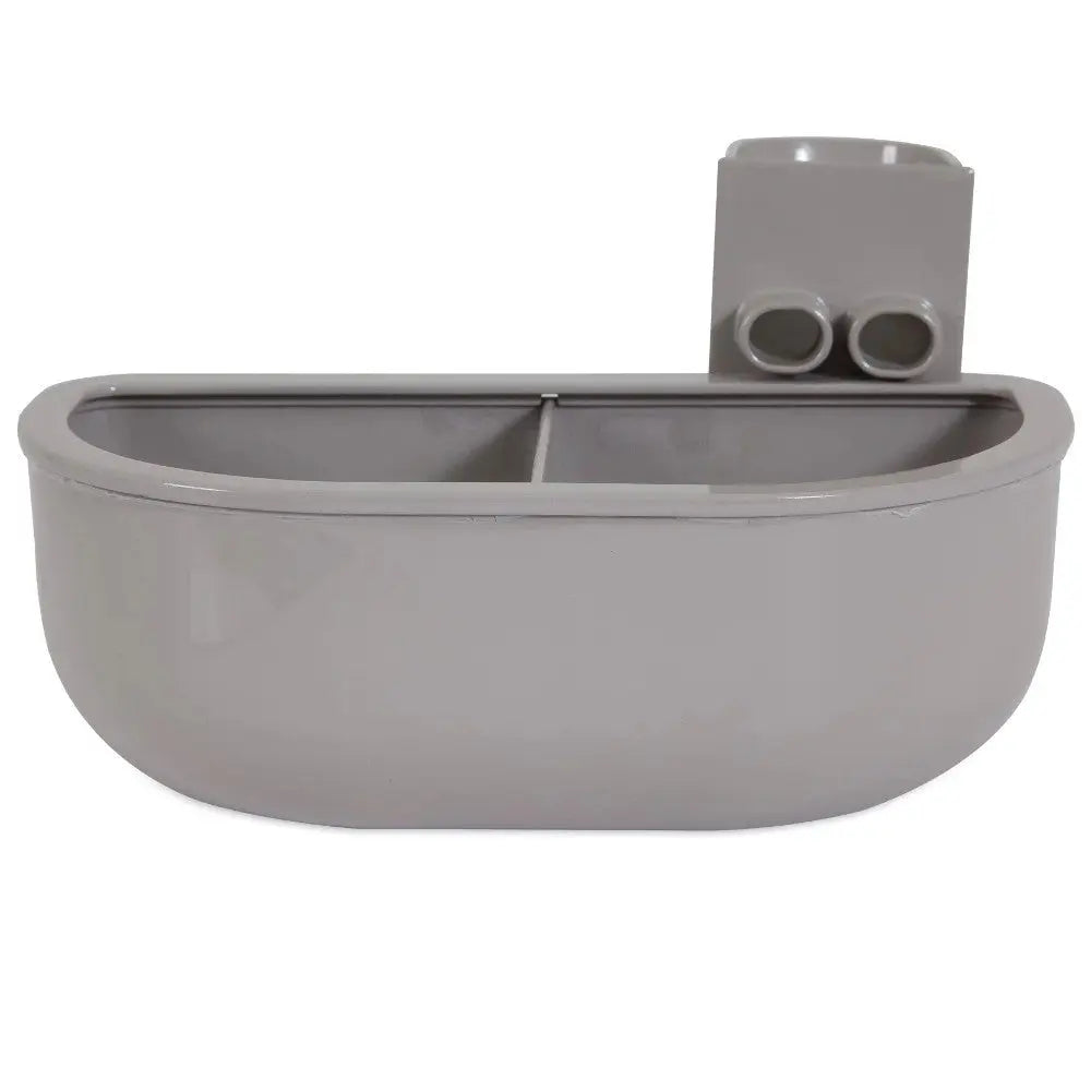 Gray pet feeding bowl with dual compartments for food and water.