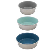 Three stainless steel pet bowls in gray, teal, and blue for stylish feeding solutions.