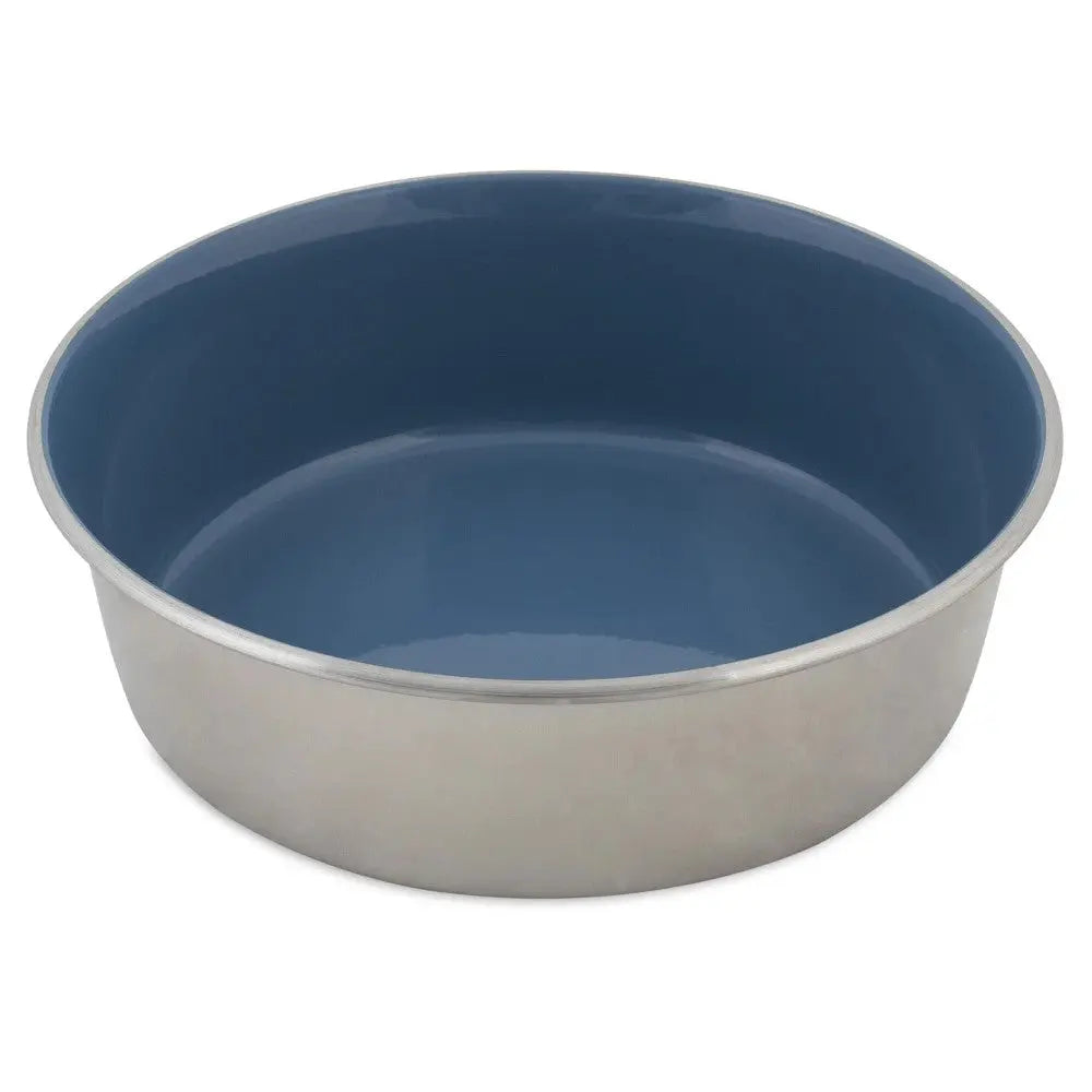 Stainless steel pet bowl with a blue interior, perfect for food or water.
