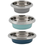 Three stylish stainless steel pet bowls with colorful bases for feeding dogs or cats.