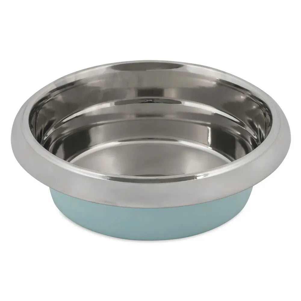 Stainless steel pet bowl with a blue base, perfect for feeding dogs or cats.