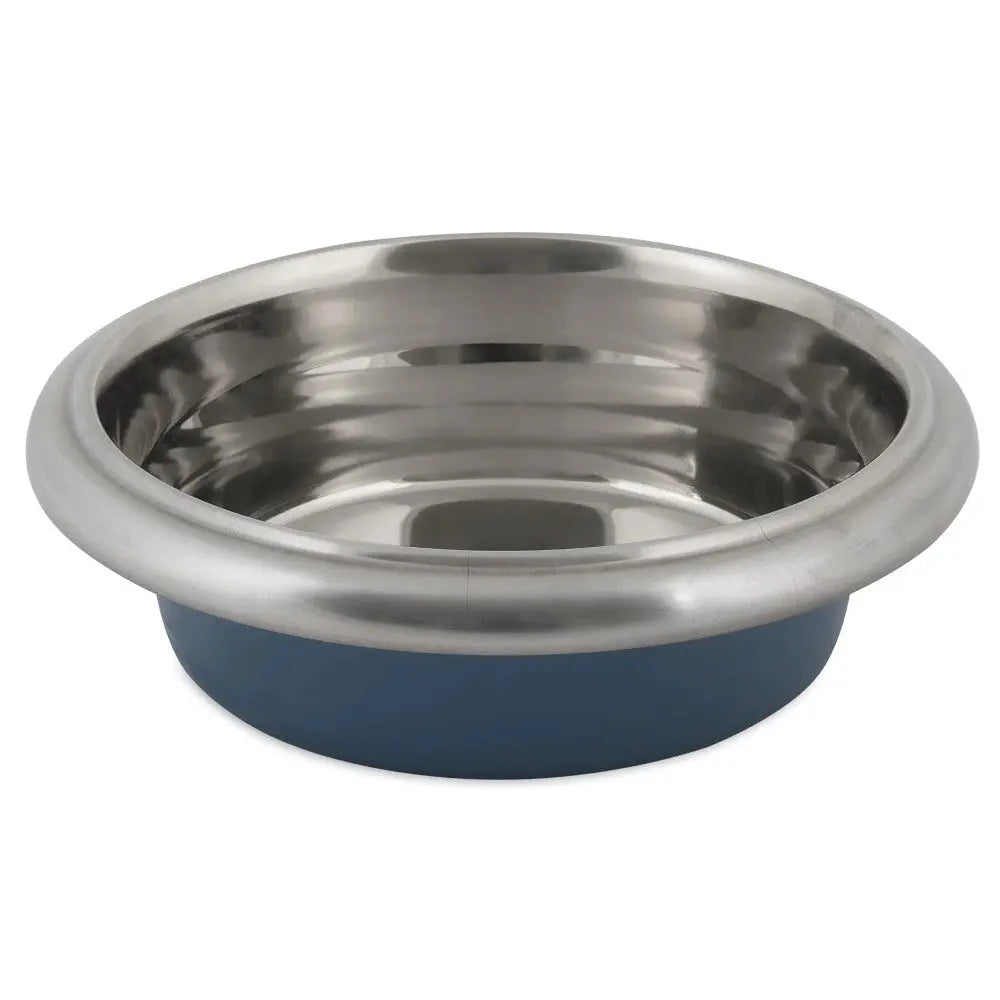 Stainless steel pet bowl with a non-slip base for easy feeding and cleaning.
