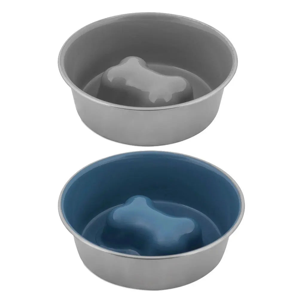 Stainless steel pet bowls with bone-shaped inserts for food and water.