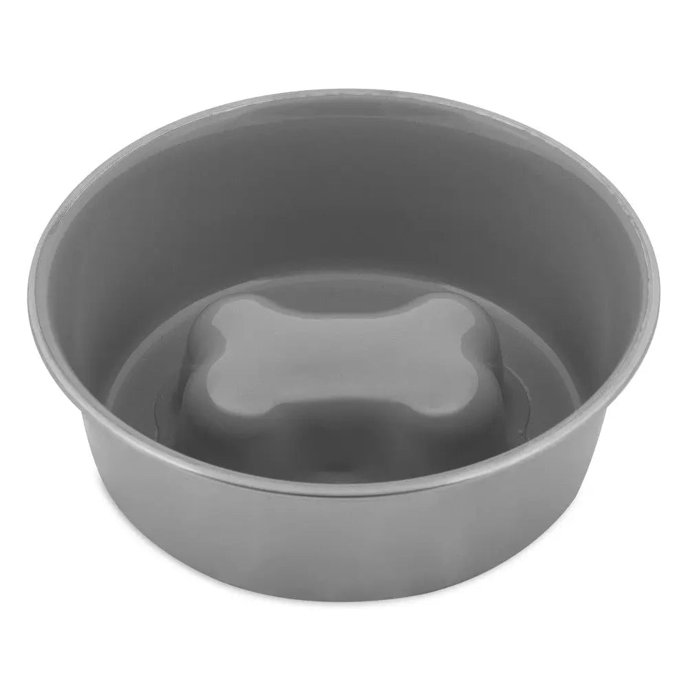Gray dog food bowl with a bone-shaped base for easy feeding.