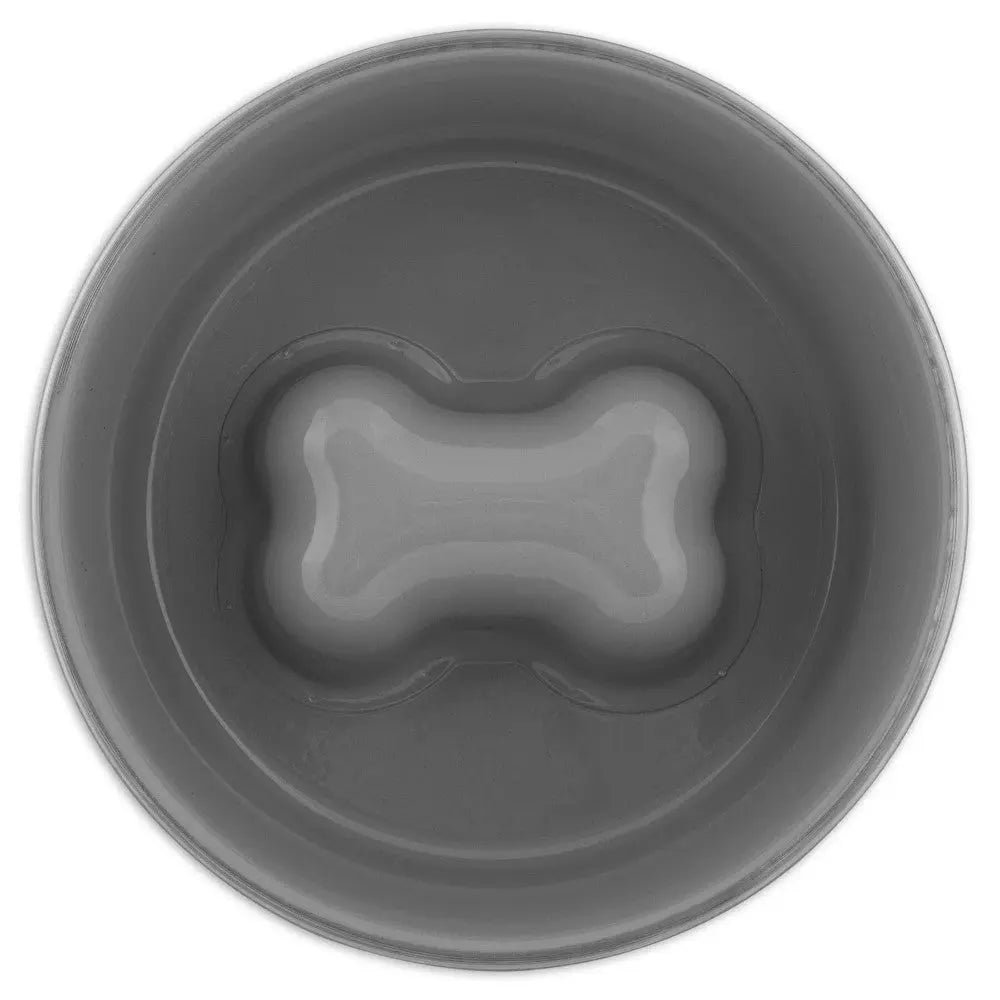 Gray dog bowl with a bone-shaped design in the center for pet feeding.
