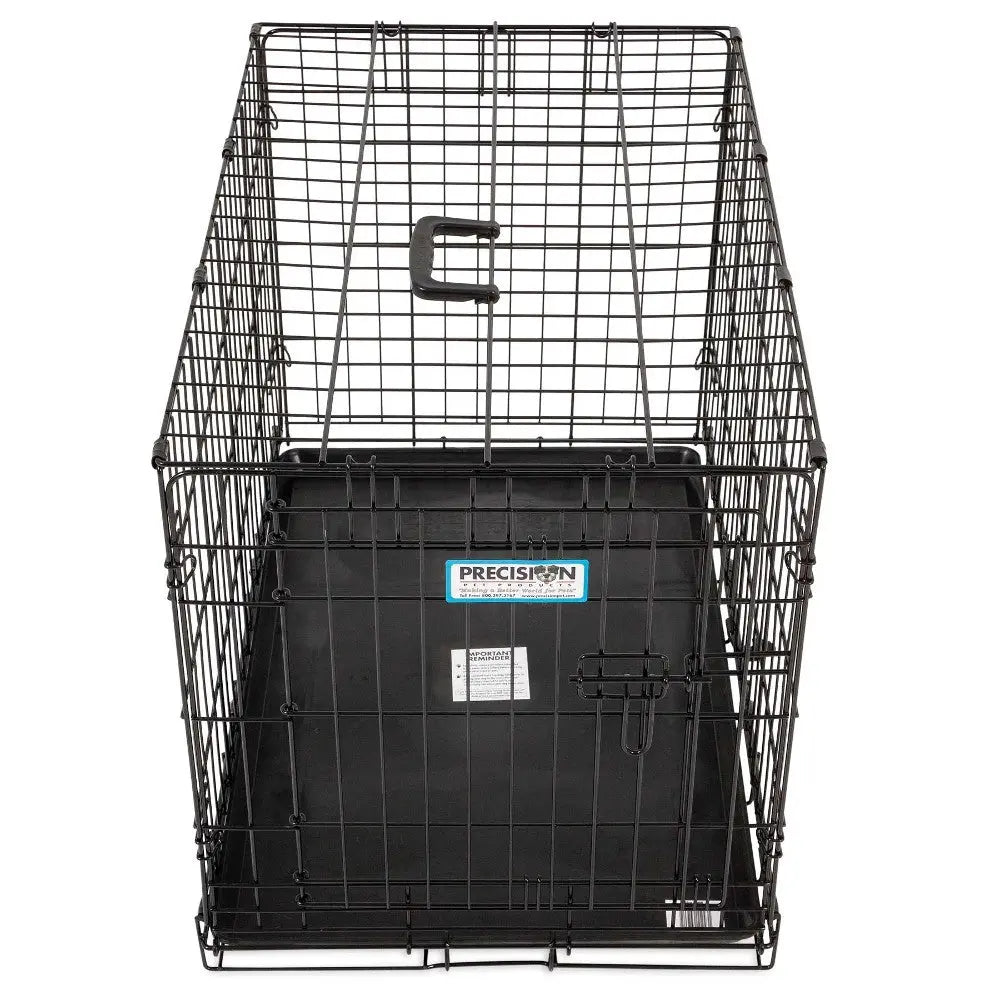 Durable black wire dog crate with a secure latch and removable plastic tray for easy cleaning.