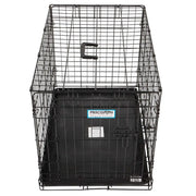Durable black wire dog crate with a secure latch and removable plastic tray for easy cleaning.