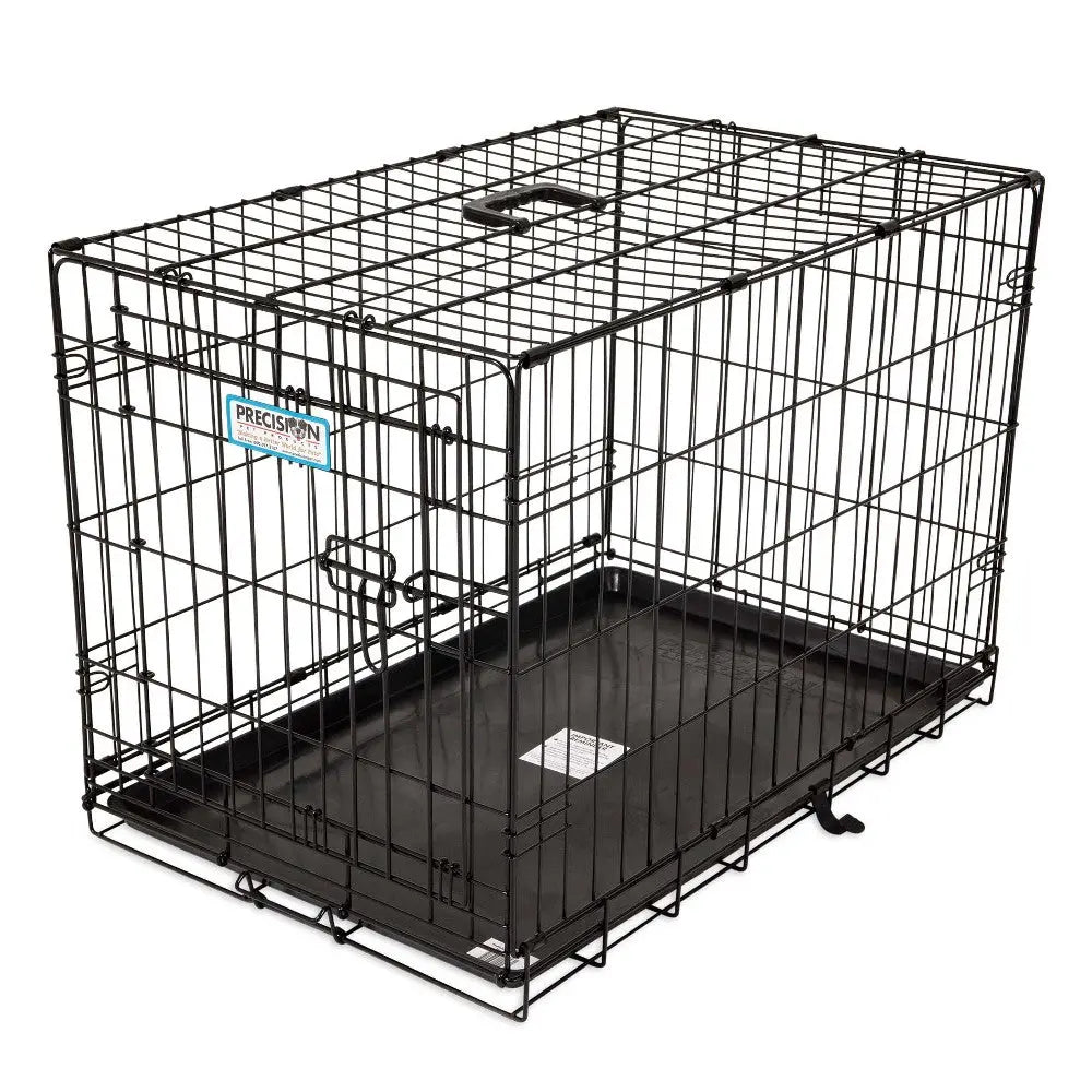 Durable black wire dog crate with a removable plastic tray for easy cleaning and secure containment.