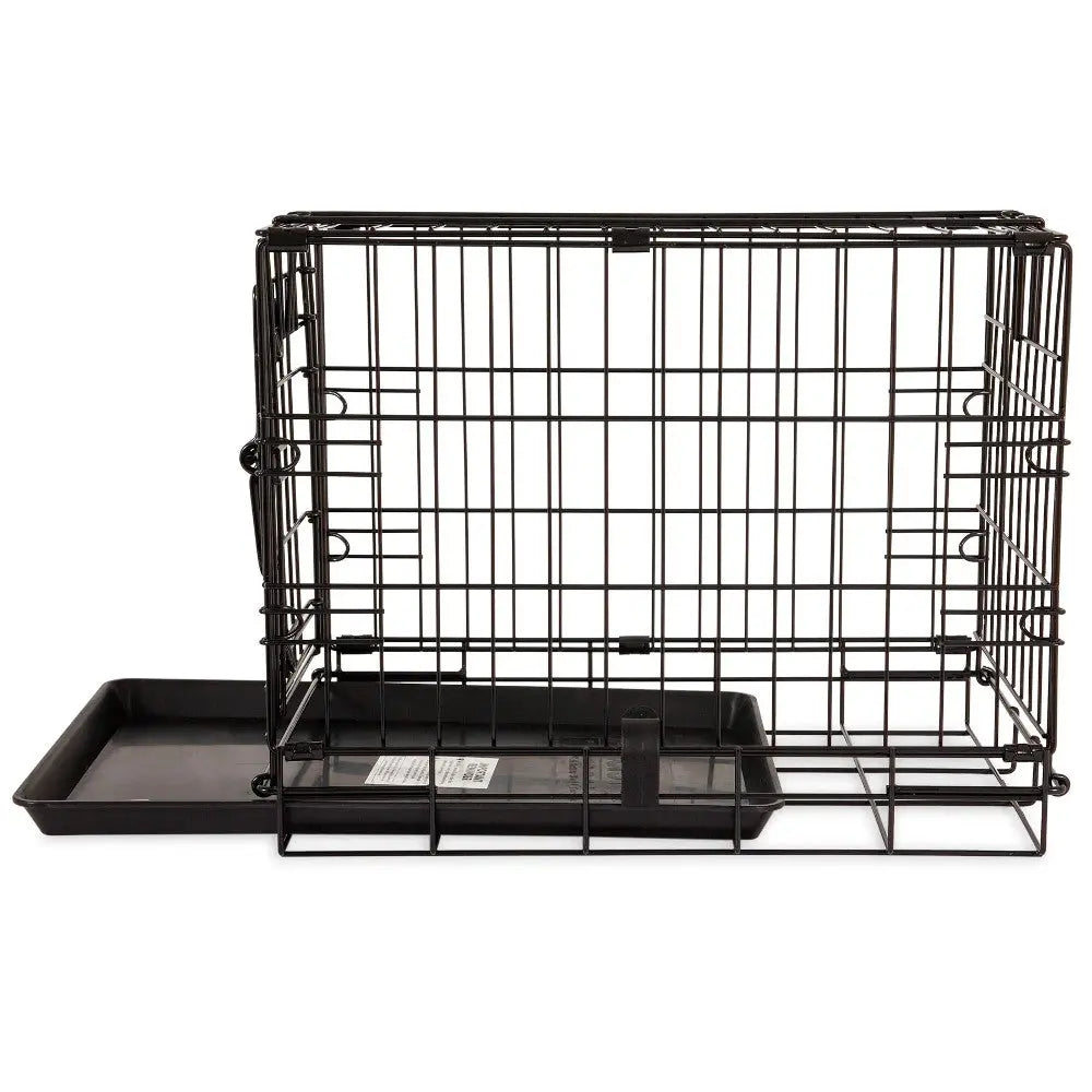 Black metal pet crate with removable tray for easy cleaning and secure containment.