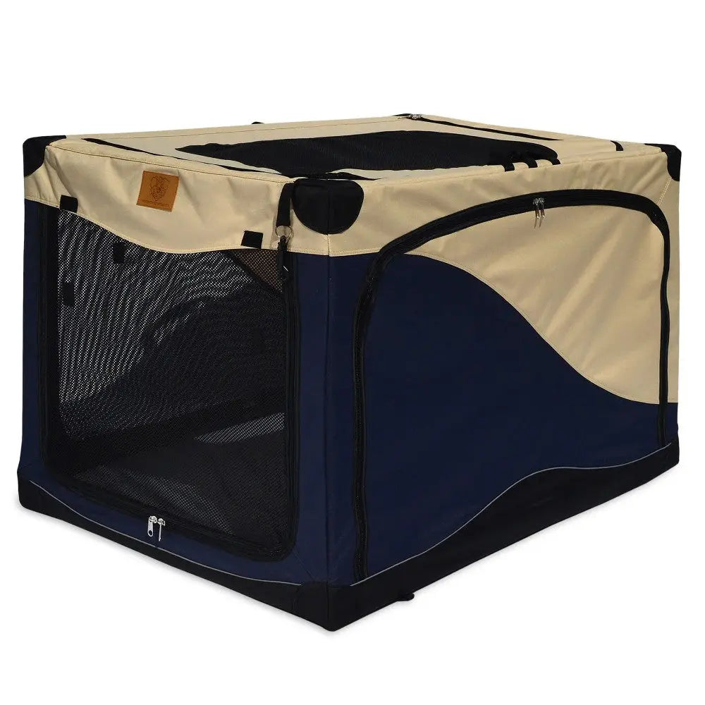 Portable pet crate with mesh panels for ventilation and a durable design, ideal for travel and training.