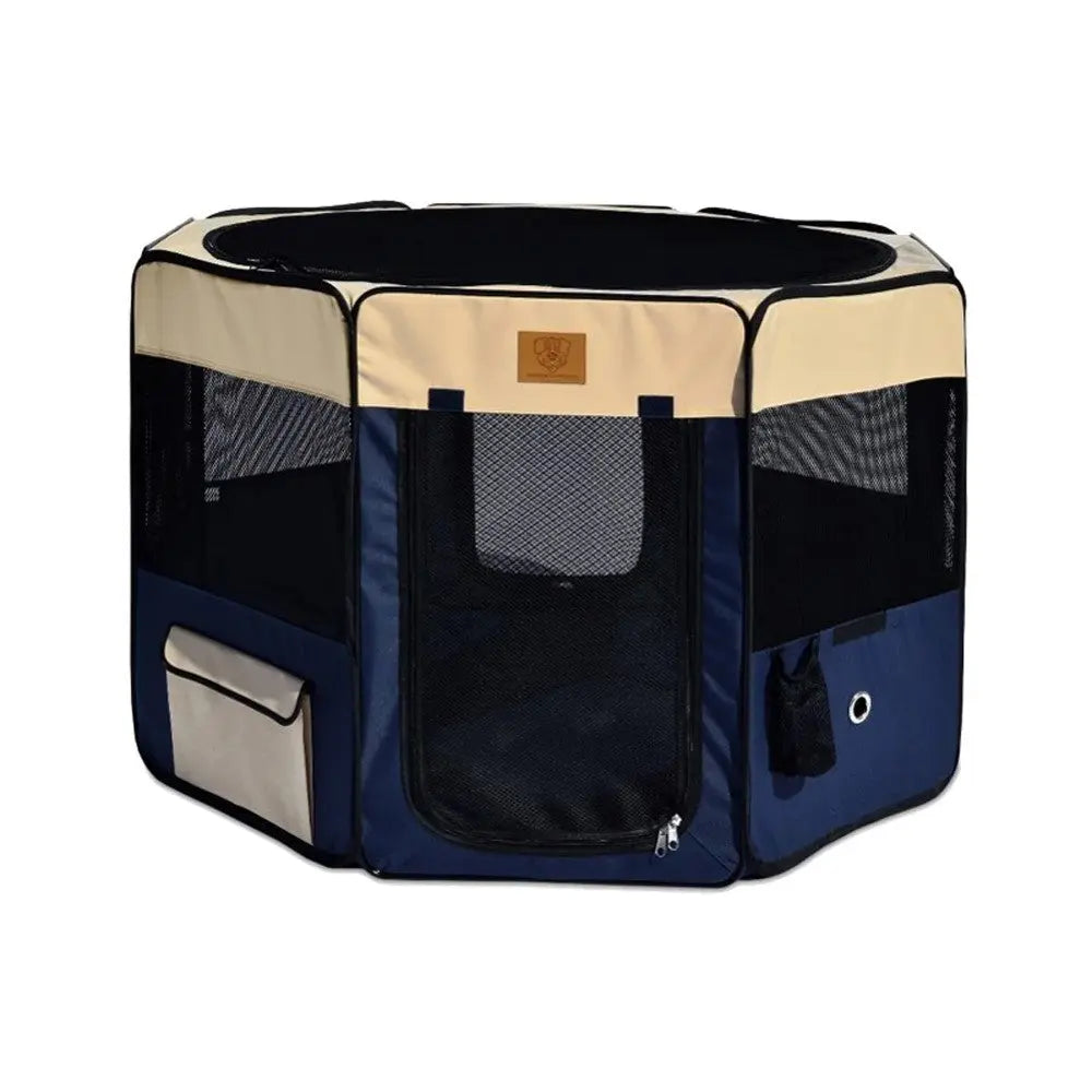 Portable pet playpen with mesh panels and zippered access for safe indoor or outdoor use.