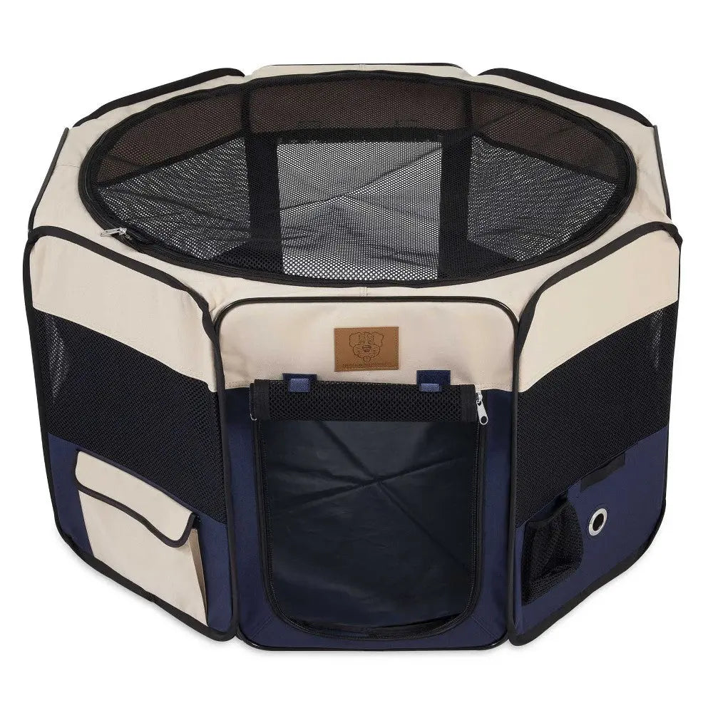 Pet playpen with mesh sides for ventilation, ideal for indoor and outdoor use.
