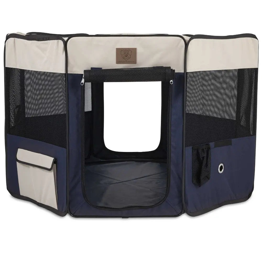 Portable pet playpen with mesh panels and a zippered entrance for easy access and ventilation.
