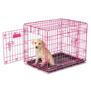 Pink dog crate with a puppy sitting inside, showcasing a safe and stylish pet enclosure.
