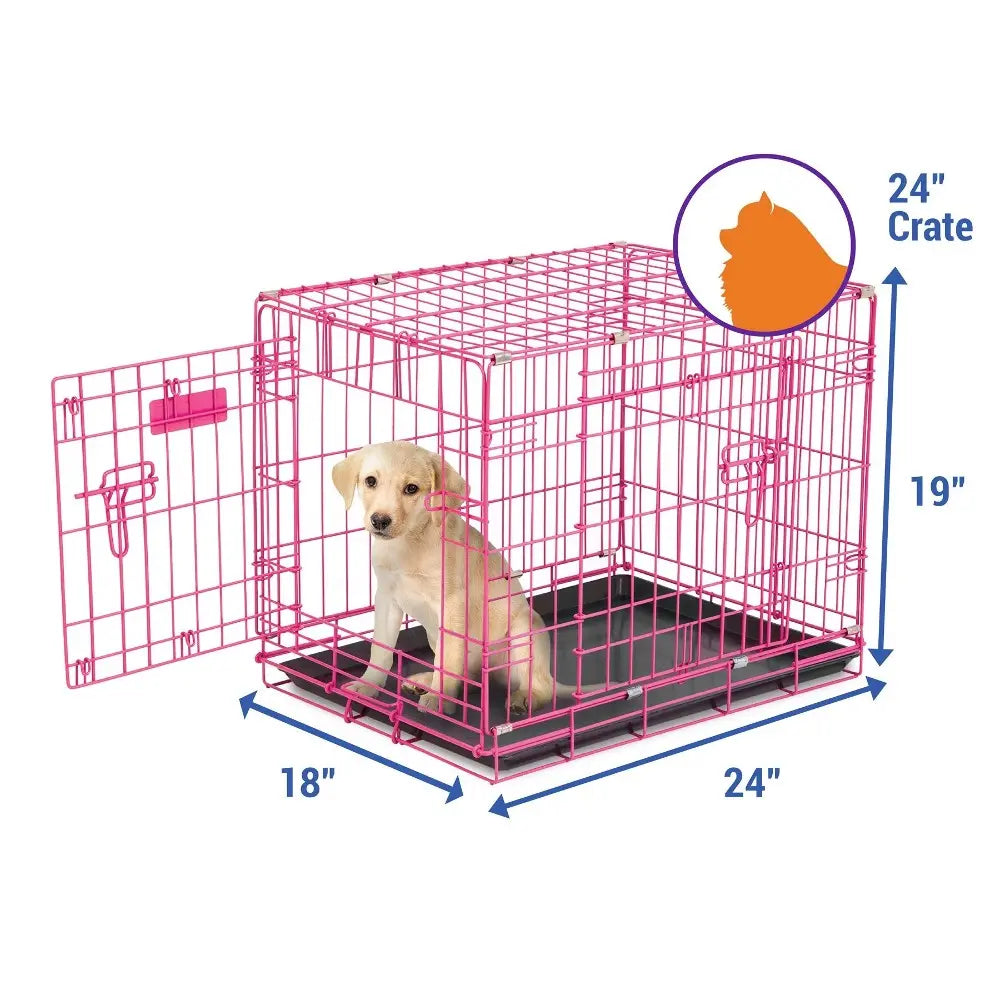 Pink dog crate with a puppy inside, measuring 24"x18"x19", ideal for pet training and safety.