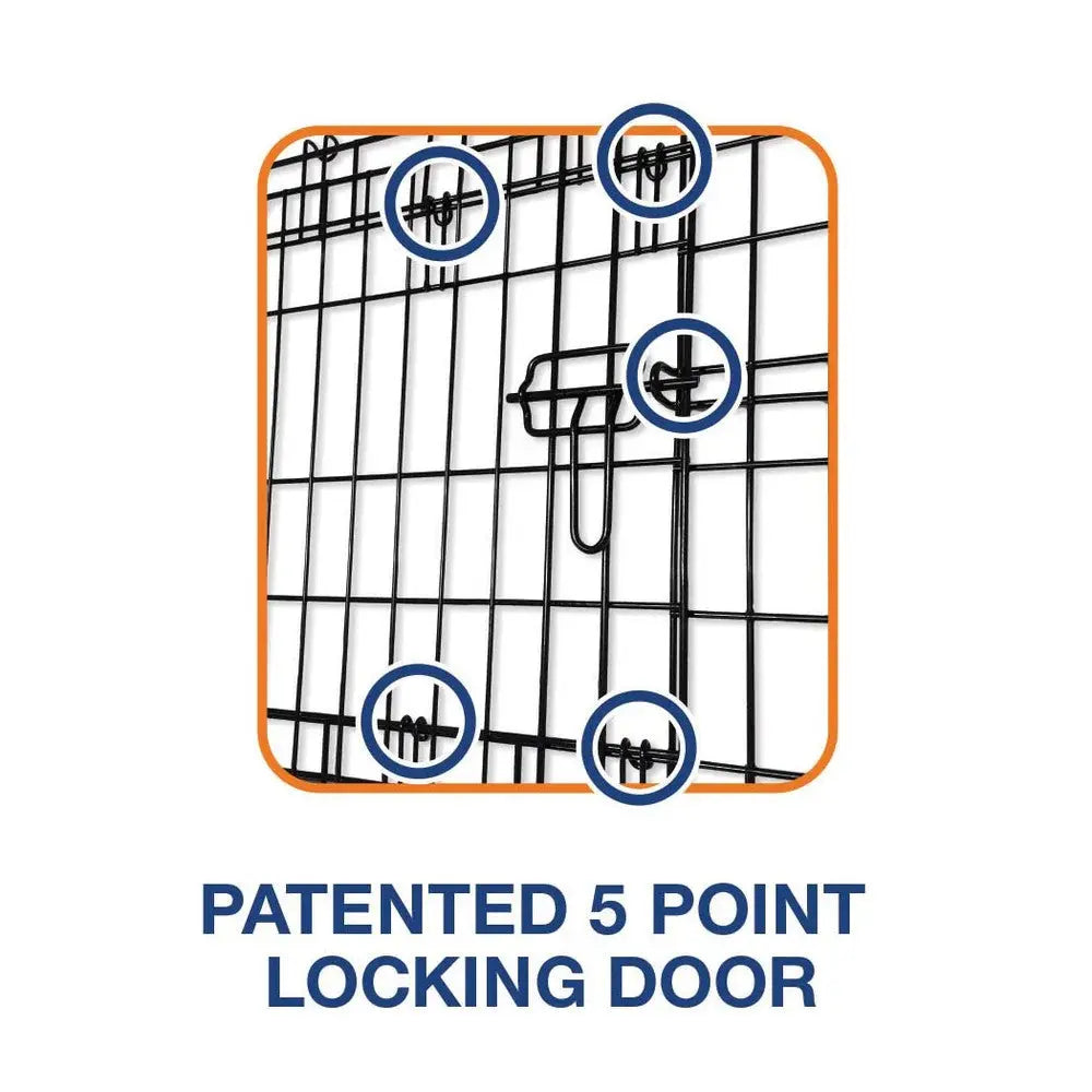 Patented 5-point locking door design for enhanced security and safety in pet crates.
