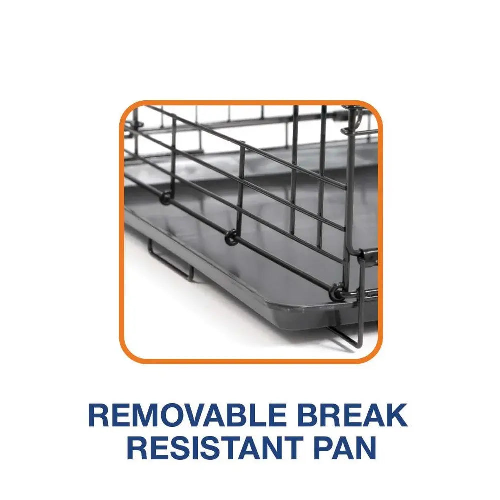 Removable break-resistant pan for easy cleaning and durability in pet crates.