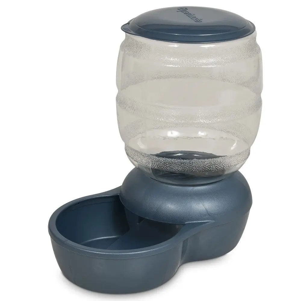 Pet water dispenser with a large capacity bottle and a convenient feeding bowl.