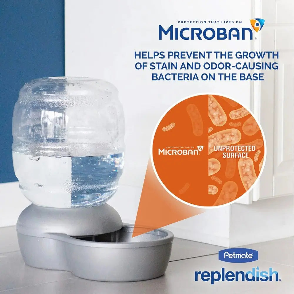 Petmate Replenish water dispenser with Microban technology prevents bacteria growth for cleaner hydration.