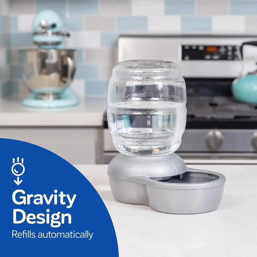 Automatic gravity water dispenser with clear reservoir and sleek design for easy pet hydration.