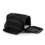 Black pet carrier with mesh panels and a zippered opening for easy access and ventilation.