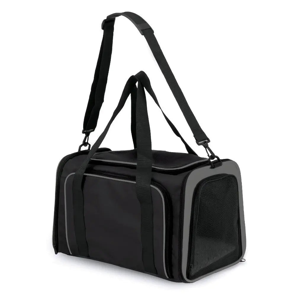 Durable black pet carrier bag with mesh panels and adjustable shoulder strap for easy transport.