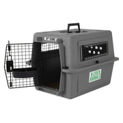 Gray pet carrier with an open door, labeled for live animals, ideal for safe travel.