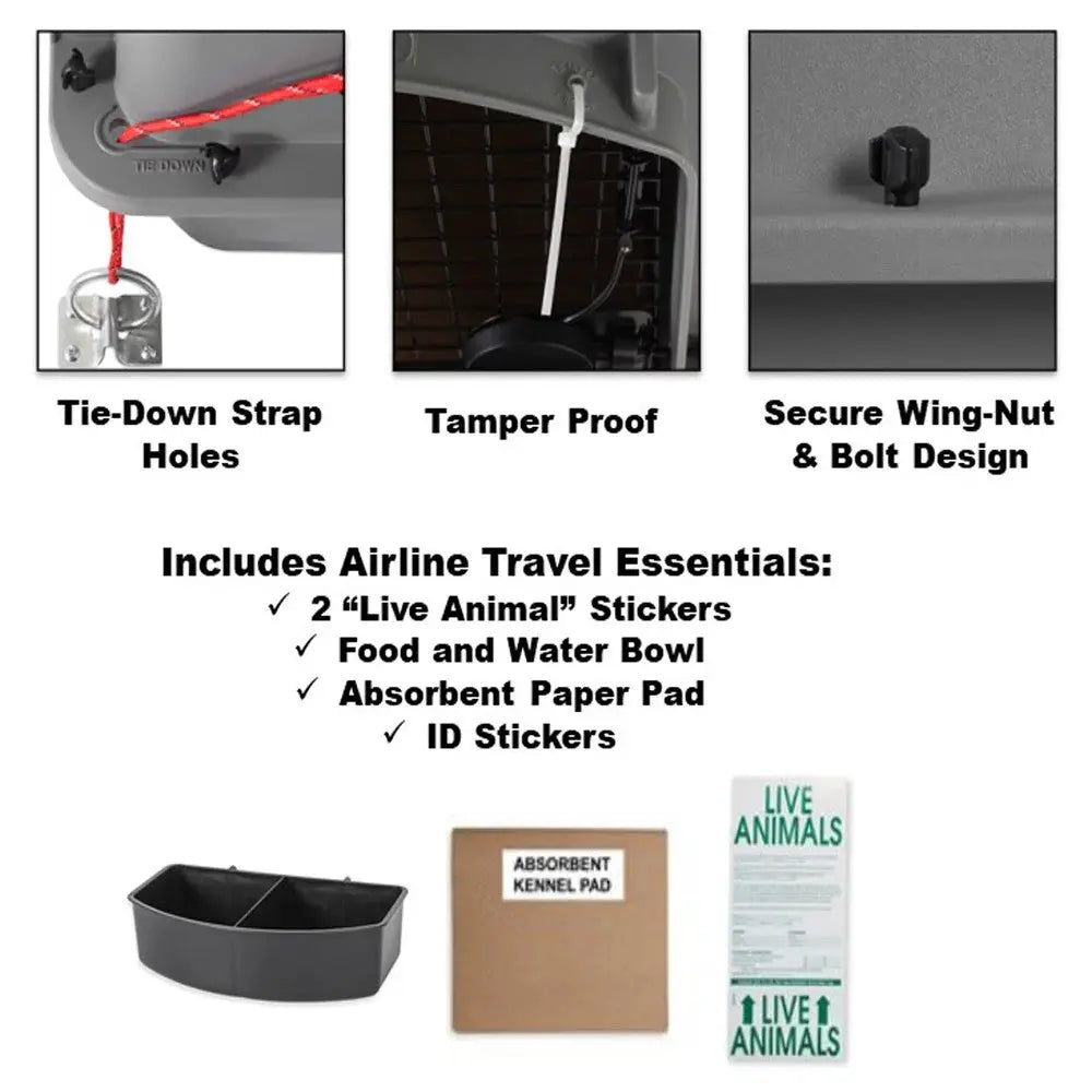 Airline travel essentials for pets, including stickers, bowls, and absorbent paper pad.